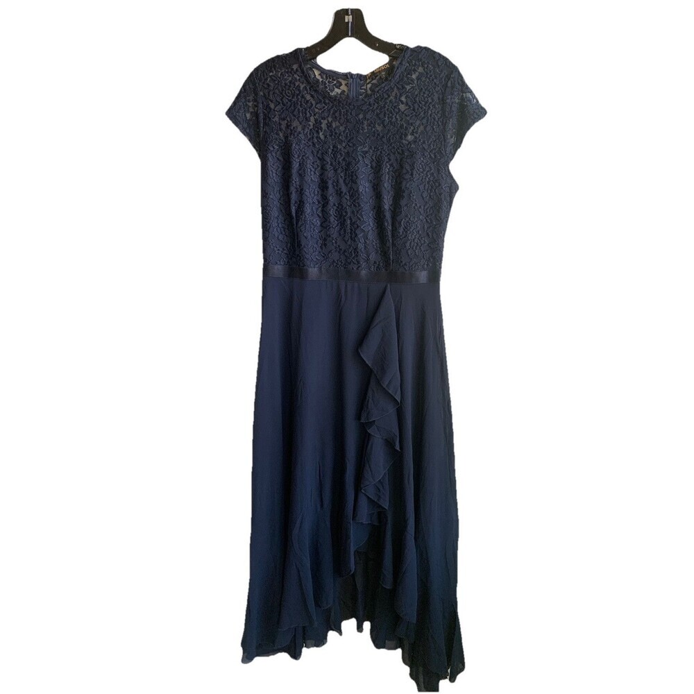 Miusol Formal Short Sleeve Lace V-Neck Ruffle Midi Dress Blue NWT Women's Lg